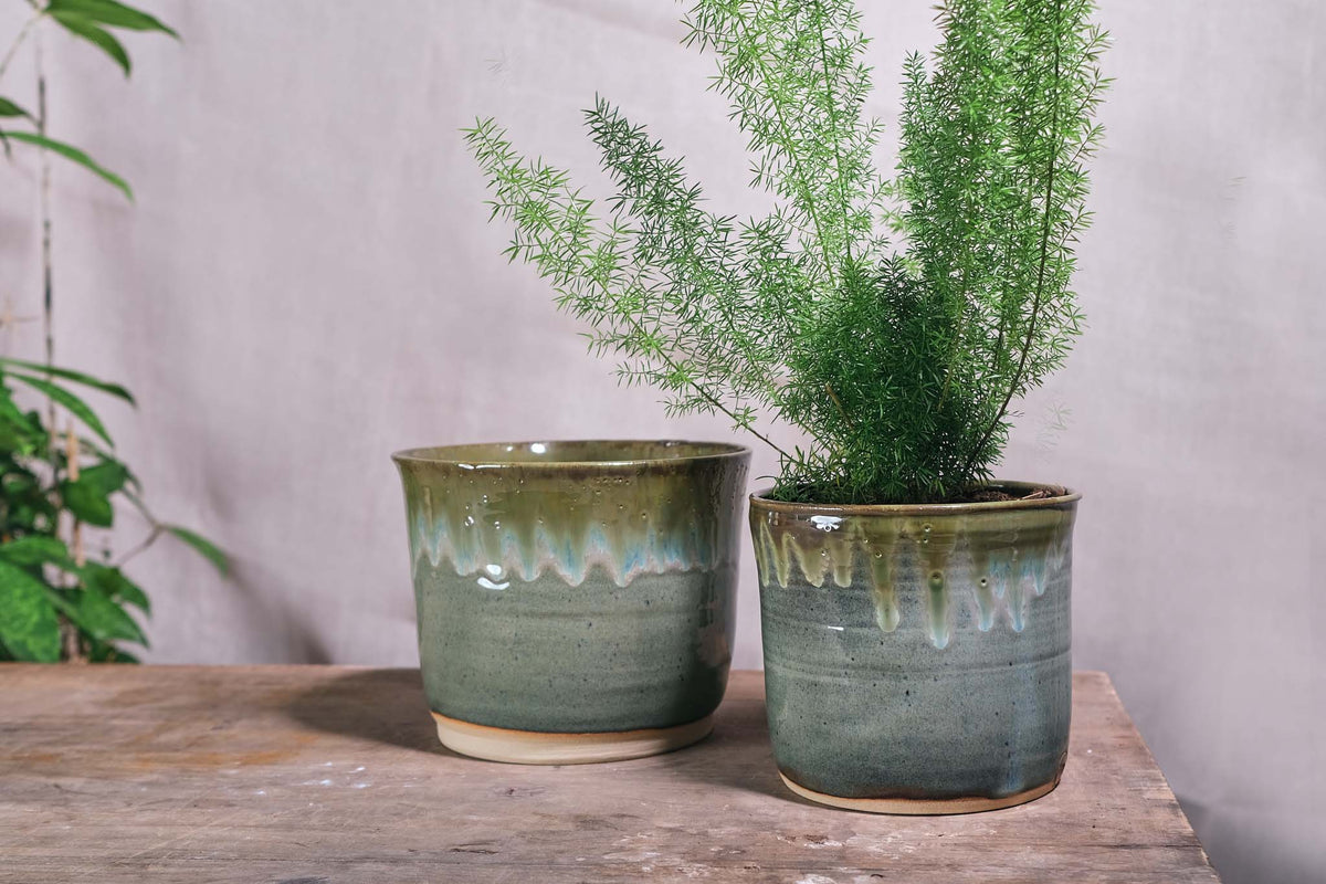 plant pots london Handmade Ceramic Pot w/ Green Drip Glaze