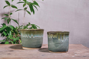 Handmade Ceramic Pot w/ Green Drip Glaze - Dia: 14cm, 17cm