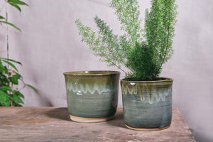 Handmade Ceramic Pot w/ Green Drip Glaze - Dia: 14cm, 17cm