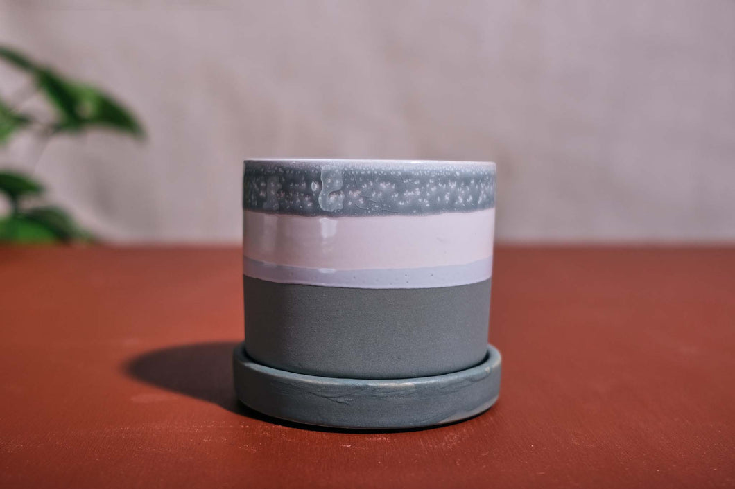 Grey/Blue & Teal Pot & Saucer - Dia: 7cm