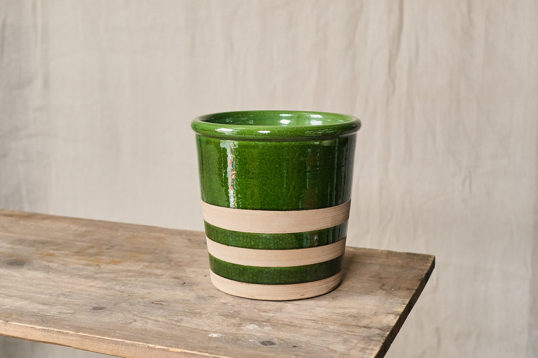 Striped Natural Stoneware & Green Glazed Pot: Dia - 20cm