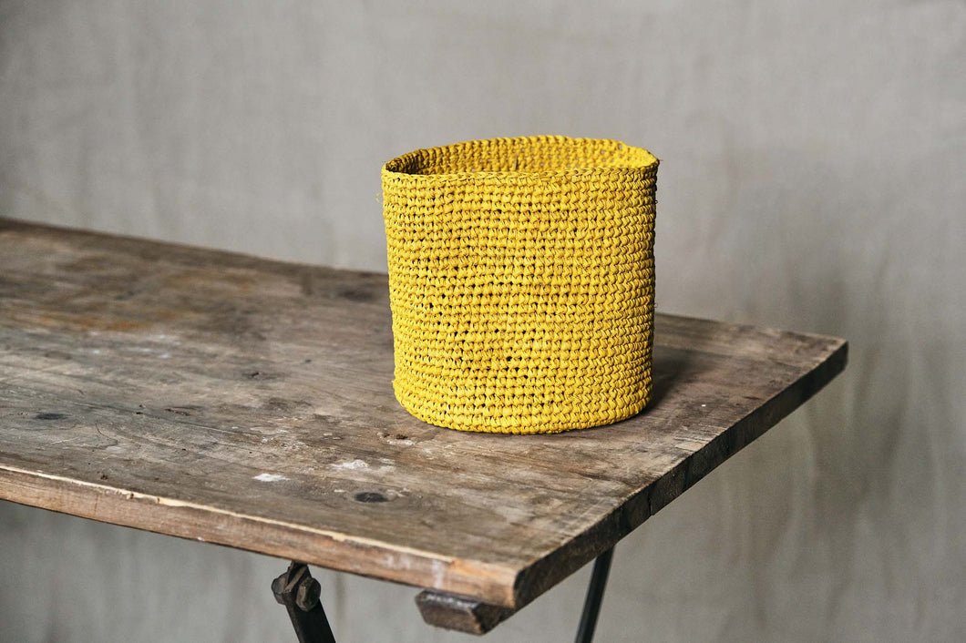 Handmade Yellow Raffia Pot Cover - Dia: 13.5cm