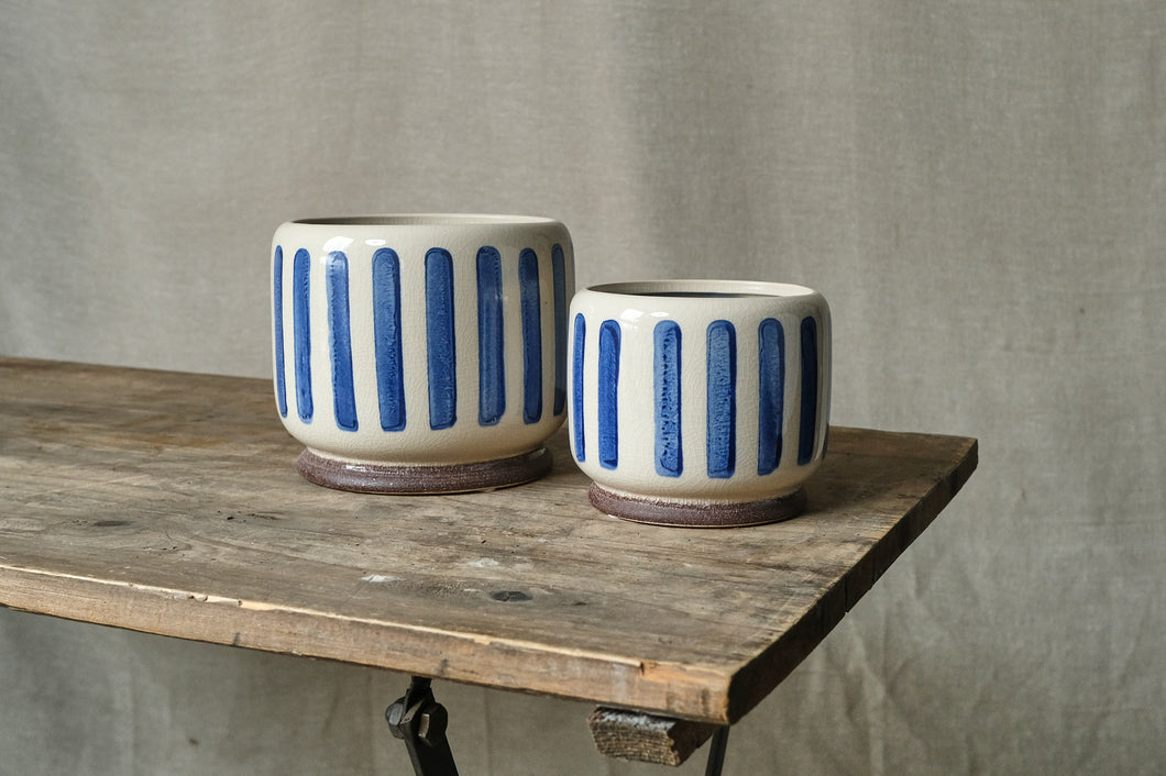Blue Striped Stoneware Pot - Dia: 11cm, 15cm, 18cm