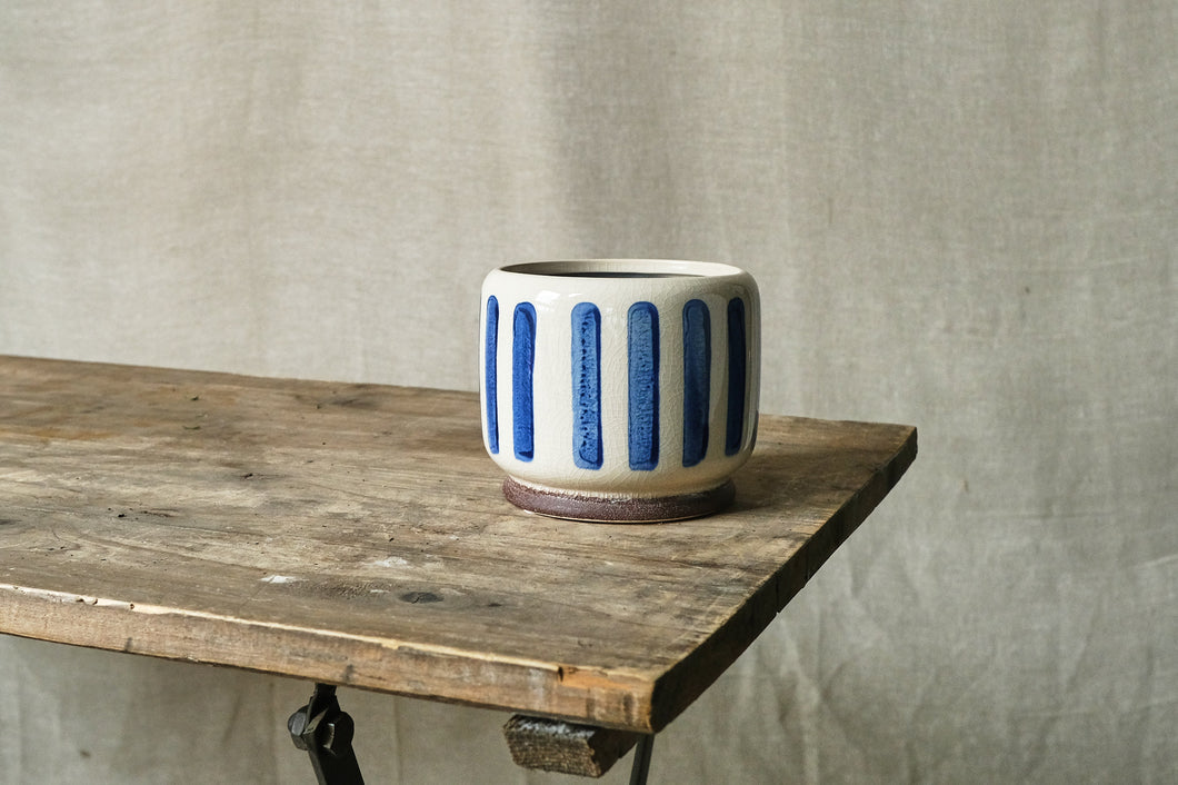 Blue Striped Stoneware Pot - Dia: 11cm, 15cm