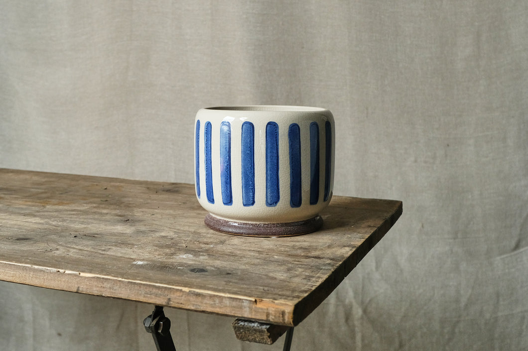 Blue Striped Stoneware Pot - Dia: 11cm, 15cm, 18cm