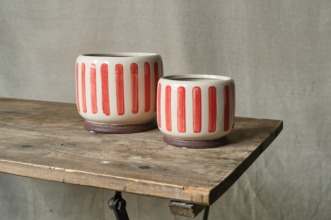 Red Striped Stoneware Pot - Dia: 11cm, 15cm, 18cm