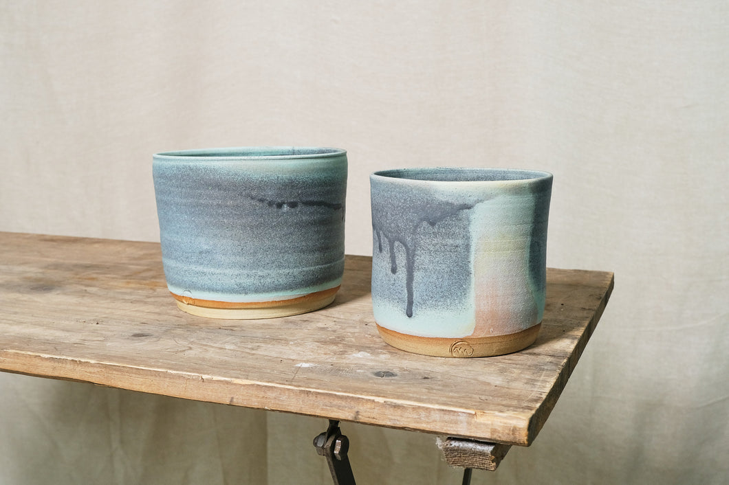 Handmade Ceramic Pot w/ Blue & Grey Matte Glaze - Dia: 14cm, 17cm