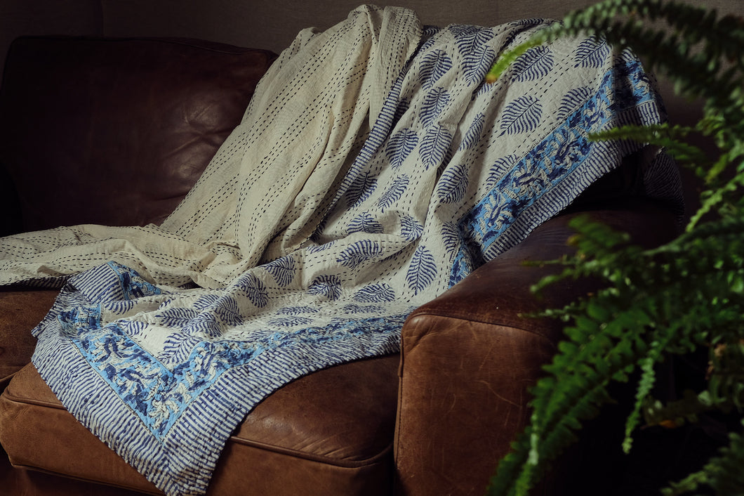 Printed Kantha Throw - Blue & White