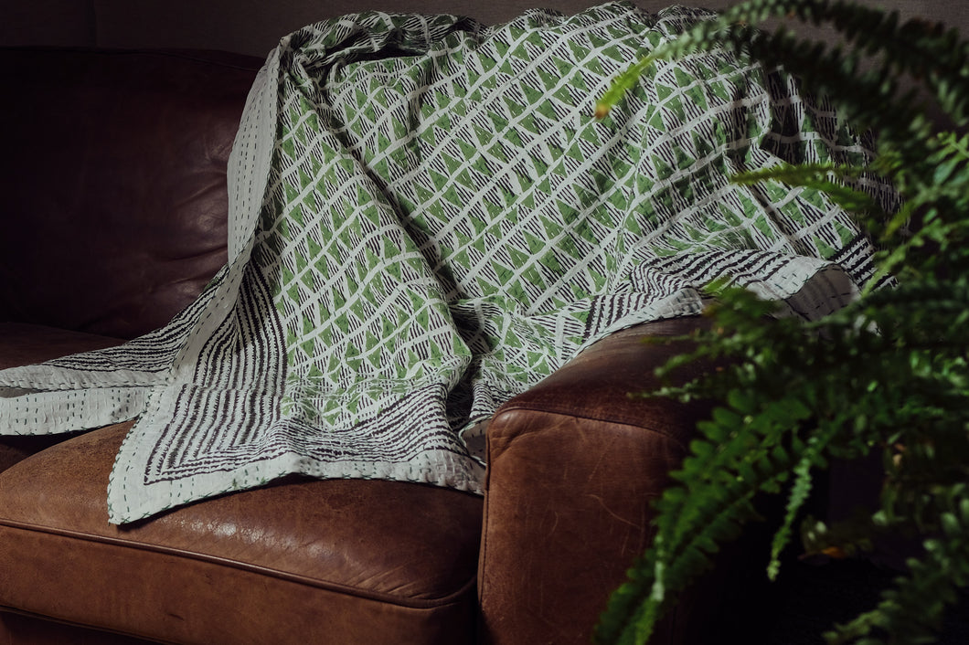 Hand Printed Kantha Throw - Green & White