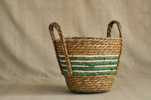 Green Striped Straw & Corn Basket - Dia: 19cm, 21cm, 25cm
