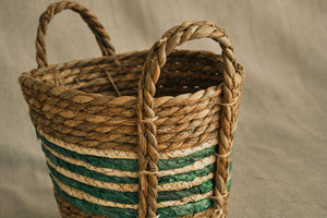 Green Striped Straw & Corn Basket - Dia: 19cm, 21cm, 25cm