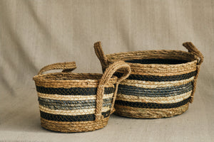 Blue Striped Straw & Corn Basket - Dia: 20cm, 26cm, 31cm