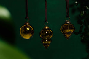 Set of 3 Antique Gold Glass Baubles (Mixed Shapes)